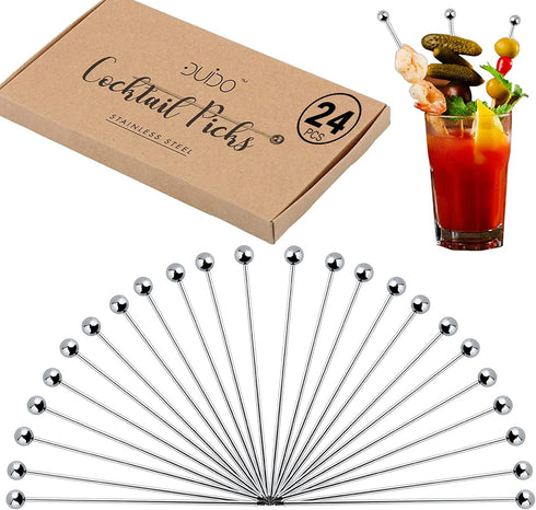 Cocktail Picks Stainless Steel Toothpicks - (24 Pack / 8 Inch) Martini Picks Reusable Fancy Metal Drink Skewers Garnish Sticks for Martini Olives ...