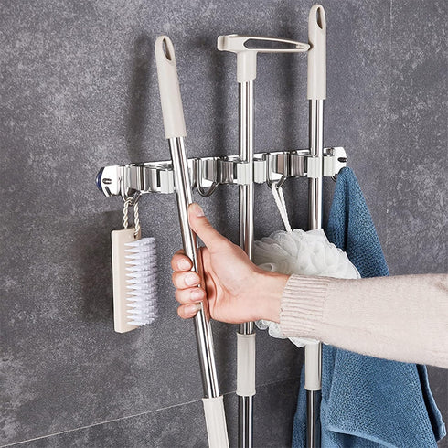 Broom Mop Holder Wall Mount Cleaning Tool holder, Heavy Duty Stainless Steel Broom Hanger Rack Hook Organizer, Garage Storag Racks wall Mounted Br...