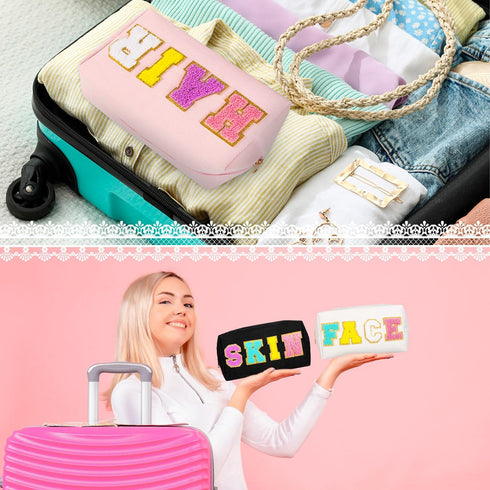 ZAUGONTW 3 Pcs Preppy Makeup Bags, Chenille Letter Bag Patch Makeup Bag, Face Skin Hair Cosmetic Bag with Zipper Patches Makeup Organizer Bag Set ...