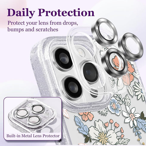 Compatible for iPhone 14 Pro Max Case Cute Aesthetic - Glitter Clear Phone Case with Camera Protector - Lovely Flowers Cover with Wrist Strap Desi...