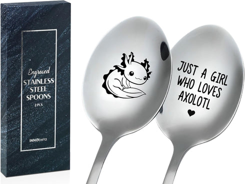 INNObeta Axolotl Gifts for Girls, 2 Pcs Engraved Ice Cream Spoons, Stainless Steel Coffee Spoon, Just a Girl Who Loves Axolotl...