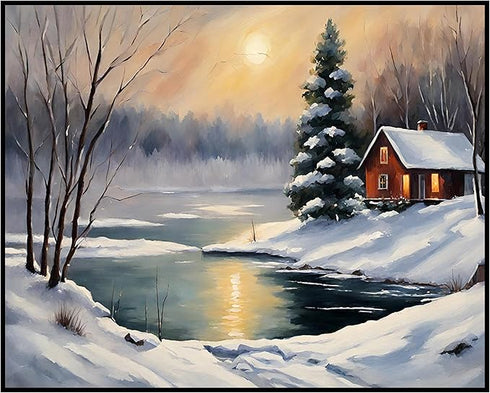 Posterizer 1 pcs-old farm house in snowy winter nature-in oil painting style-11-Landscape & Nature Art-Living Room Bedroom Decor- unframed wall ar...
