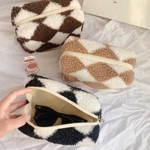 3pcs Checkered Plush Makeup Bag Terry Cloth Cosmetic Bag Zipper Travel Toiletry Bag Organizer Soft Pencil Pouch Case Makeup Brushes Storage Bag fo...