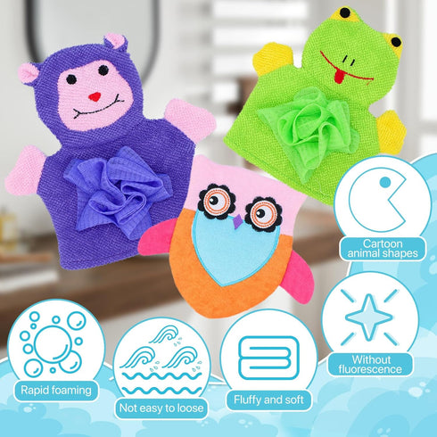 Bath Sponge Loofah for Kids Toddler Shower Kit, 3pcs Cartoon Animal Shapes, Stay Clean Bath Towel, Bathroom Kitchen Cleaning Sponges for Dishwashi...
