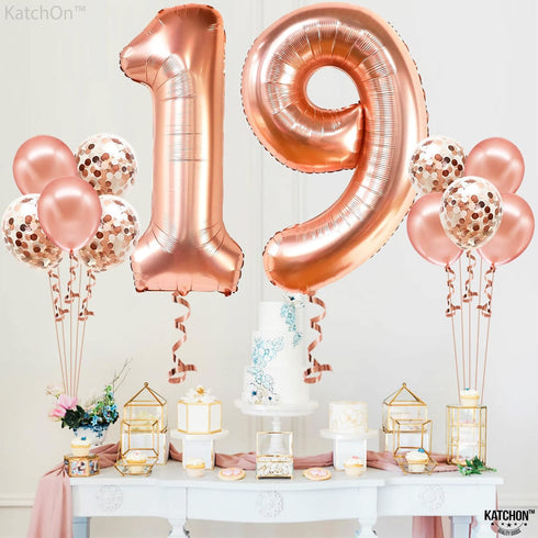 KatchOn, Giant Rose Gold 19 Balloon Number - 40 Inch | 19 Birthday Balloons With Confetti Balloons | Happy 19th Birthday Decorations, 19th Birthda...