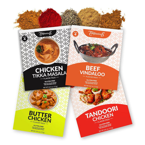 TIKKA MASALA, BUTTER CHICKEN, TANDOORI CHICKEN, BEEF VINDALOO INDIAN FOOD SPICES Beginner Seasoning Set by Flavor Temptations. Gluten free, Salt f...