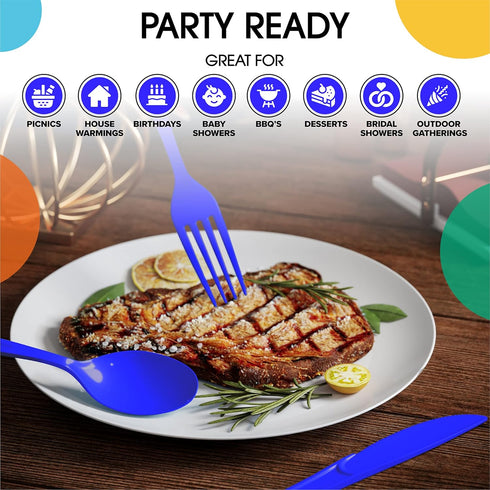 Disposable Dark Blue Plastic Forks 50 Pcs - Heavy Duty Dark Blue Plastic Disposable Cutlery - Dark Blue Disposable Flatware, Dark Blue Plastic Sil...