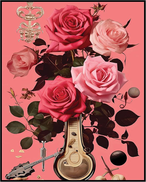 Posterizer 1 pcs-vintage instruments and flowers-pink girly collage-Abstract & Modern Art-Floral & Botanical Art-Gift for Art Lovers- UNFRAMED Wal...