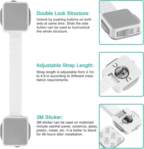 Child Safety Strap Locks (4 Pack) for Fridge, Drawers, Oven, Cabinets, Toilet, Dishwasher, Double Lock Structure, 3M Adhesive No Drilling-SANBRAGE...