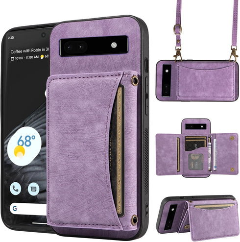 Phone Case for Google Pixel 6 Wallet Cover with Crossbody Shoulder Strap and Leather Credit Card Holder Pocket Slim Stand Cell Accessories Mobile ...