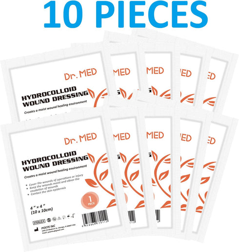 Dr. Med Hydrocolloid Wound Dressing 4"x4"-10 Pack/Box, Waterproof Adhesive Bordered Bandage, for Light Exudate, Abrasions, Pressure Ulcer, Bed Sor...
