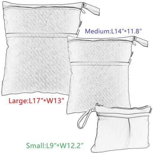 Damero 3Pcs Wet Dry Bag with 2 Zippered Pockets and Snap Handle for Cloth Diaper, Swimsuit, Clothes, Ideal for Travel, Exercise, Daycare, Roomy an...