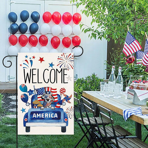 Weclome 4th of July Garden Flag Dog Patriotic Truck Flags 12 x 18 Inch Double Sided Burlap Small Fourth July Flag for Outside American Memorial Da...