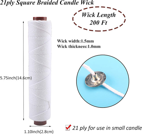 MILIVIXAY 21ply Square Braided Candle Wick Bundle: 200ft Cotton Wick, 200 Tabs, 200 Stickers, 2 Wooden Holders...