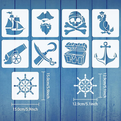 FINGERINSPIRE 9 Pcs Pirate Theme Stencil Sets 5.9x5.9 inch Pirates Machetes Skeletons Stencils Plastic Steering Wheel Parrots Treasure Chest Patte...