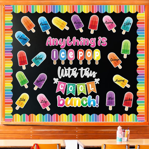 53 Pcs Summer Bulletin Board Decorations Set Ice Pop Classroom Decor Ice Lolly Paper Cutouts with Bulletin Board Borders for Summer Ice Cream Part...