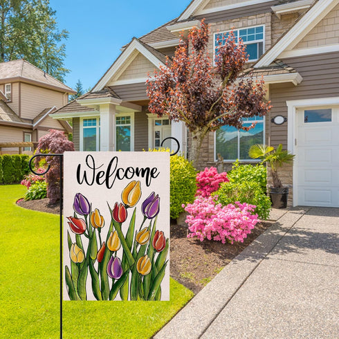 Welcome Spring Floral Flowers Garden Flag Double Sided, Tulip Decorative Yard Outdoor Home Small Decor, Summer Farmhouse Burlap Outside House Deco...