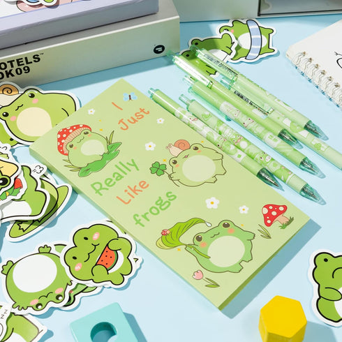 57Pcs Frog Sticky Notes with Pen Stickers Stationery Set 0.5mm Black Gel Ballpoint Pens Frog Self-Stick Notes Pads Cartoon Frog Vinyl Stickers Bac...