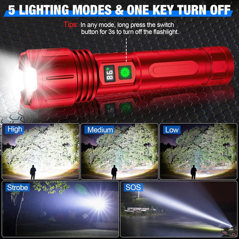 Flashlights High Lumens Rechargeable, 100000 Lumens Super Bright LED Powerful Flashlight, Type-C, 5 Modes, Zoomable, IPX5 Waterproof High Powered ...