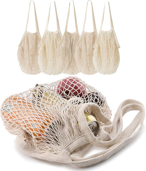 5 pack Cotton String Shopping Bags Reusable Washable Grocery Mesh Bags Organizer for Grocery Shopping Produce Net Bags with Longhandle for Fruit V...