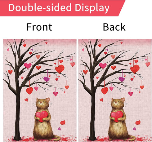 Valentine's Day Cat Garden Flag, Valentines Heart Love Tree Burlap 12 x 18 Inch Double Sided Yard Flag, Spring Seasonal Outdoor Decoration for Val...