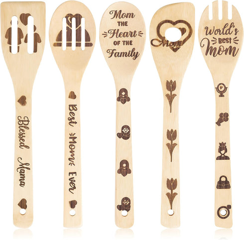 5Pcs Mother's Day Wooden Spoons Utensils Set, Non-Stick Cooking Utensils Carve Burned Bamboo Spoons Spatula Kitchen Cookware Gadget Decor Kit Moth...