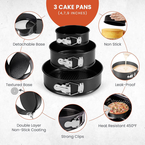 RFAQK 100pcs Cake Pan Sets for Baking + Cake Decorating Supplies: 3 Non-Stick Springform Pans Set (4, 7, 9 inches), Icing Tips, Cake Leveler – Mul...