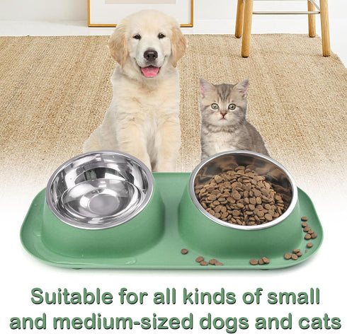 Ptlom Dog Cat Basic Food and Water Bowl Set, 2 Removable Stainless Steel Feeding Bowls with Non-Slip Leak-Proof Plastic Stand Suitable for Small a...