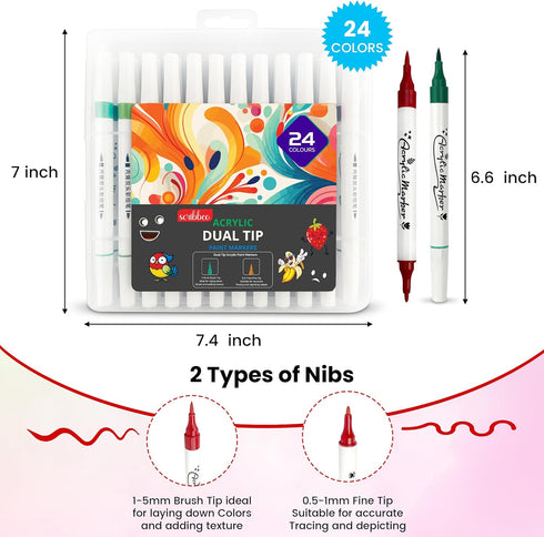 Scribbeo 24 Acrylic Marker Set with Dual Tip, Fine tip - Brush tip markers, Acrylic Markers Paint Pens for Rock Painting, Wood, Canvas, Stone, Gla...