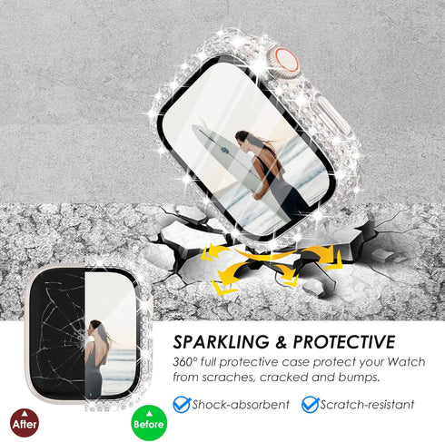 NewWays 2-Pack 2 in 1 Waterproof Bling Case for Apple Watch 41mm Screen Protector, Full Glitter Diamond Rhinestone Bumper Face Cover for iWatch Wo...