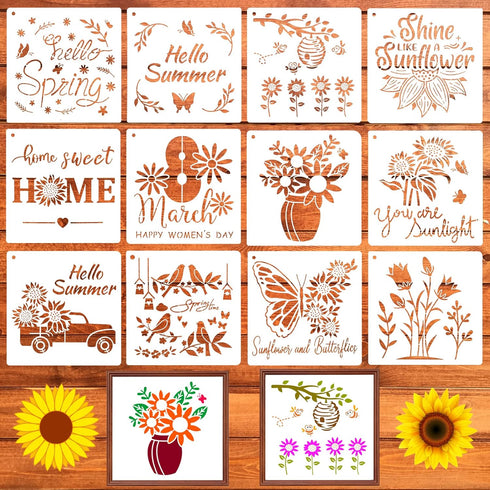 12 Pcs Sunflower Stencil Bee Butterfly Spring Summer Flower Daisy Floral Stencil Template for Painting on Wood Crafts Canvas Home Decor,7.87x7.87 ...