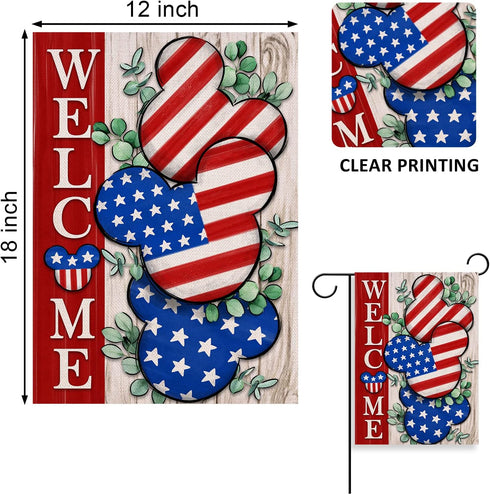 Welcome 4th of July Stars Stripes Cartoon Mouse Patriotic Decorative Garden Flag, American USA Memorial Day Yard Outside Decorations, Summer Outdo...