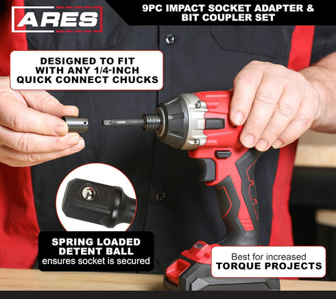 ARES 22034 – 9-Piece Impact Grade Socket Adapter and Bit Coupler Set - Turns Impact Drill Driver into High Speed Socket Driver - 1/4-Inch, 3/8-Inc...