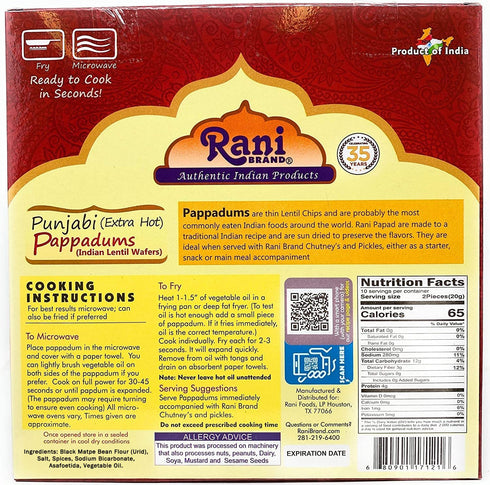 Rani Pappadums (Indian Lentil Wafer Snack) Punjabi Papad - Extra Hot, 7oz (200g) Approximately 15pc, 7 inches ~ All Natural | Gluten Friendly | NO...
