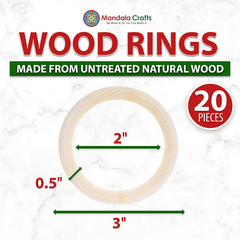 Mandala Crafts 75mm Wooden Rings Macrame Supplies - 20 Unfinished DIY Natural Wood Macrame Rings Circles for Crafts and Jewelry Making...