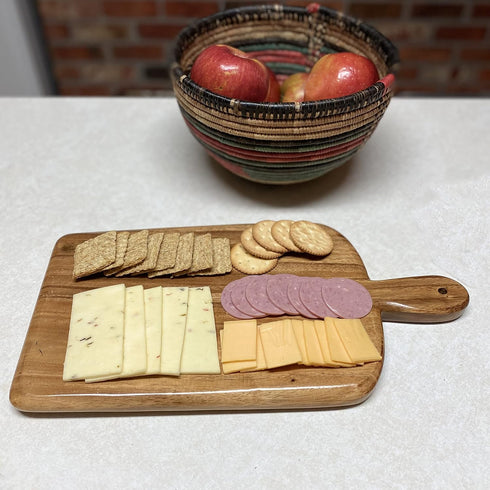 Solid Acacia Wood Cutting and Serving Board with Handle – Handmade, Joint Free Displaying Beautiful Continuous Wood Grains, Double-Sided, Small Ch...