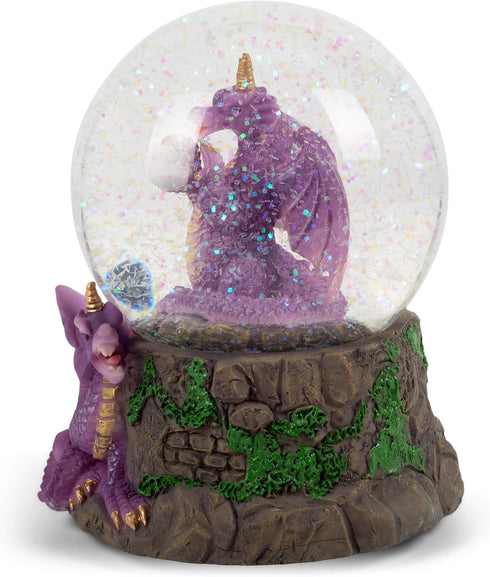 Elanze Designs Purple Dragon with Orb on Castle Tabletop Figurine Decoration 100MM Sturdy Glitter Water Musical Snow Globe Plays Tune Fantasie Imp...