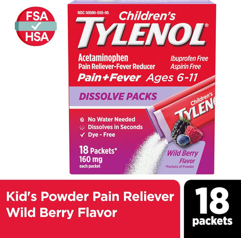 Children's Tylenol Dissolve Packs with 160 mg Acetaminophen Pain Reliever & Fever Reducer, Kids' Powder Packets for Cold & Flu Symptom Relief, Ibu...