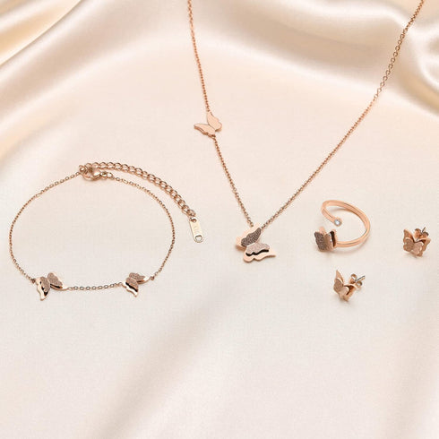 VNOX Butterfly Matte Finish Rose Gold Plated Stainless Steel Bracelet Ring Necklace and Stud Earrings Jewelry Set for Women Teen...
