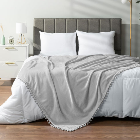 PAVILIA Fleece Throw Blanket for Couch with Pom Pom Fringe, Light Grey, Soft Cozy Fuzzy Flannel Blanket for Sofa Bed, Large Lightweight Plush All ...