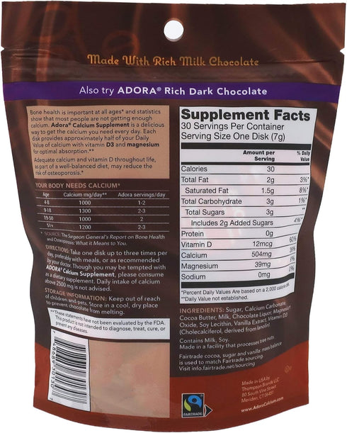 Adora Calcium Supplement, Fairtrade Milk Chocolate, Single Pack - 30 ct...