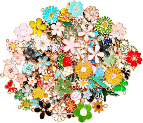 MARFOREVER 120 Pcs Spring Summer Floral Themed Charms, Flower Charms for Jewelry Making, Assorted Gold Enamel Charm Pendants for DIY Necklace Brac...