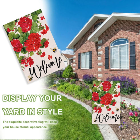 Welcome Spring Geranium Decorative Garden Flag, Red Floral Flowers Bee Yard Outside Decorations, Summer Farmhouse Outdoor Small Home Decor Double ...