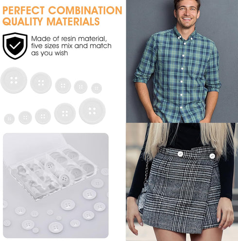 100 Pcs Resin Buttons for Sewing, Flatback Sewing Buttons 5 Sizes 4-Hole White DIY Buttons with Storage Box, Round Mixed Buttons for Crafts, Sewin...