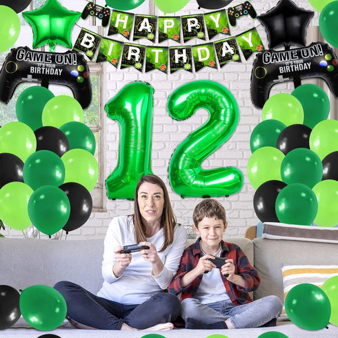 12th Video Game Birthday Party Set Include Happy Birthday Banner Video Game Balloons Controller Balloons Green Black Stars Aluminum Foil Balloons ...