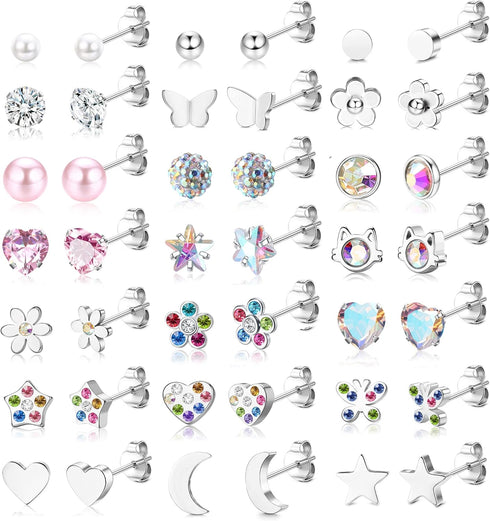 YADOCA 21Pairs Hypoallergenic Surgical Steel Stud Earrings For Women Girls Tiny Cute CZ Pearl Heart Moon Star Butterfly Flower Earrings Studs Set ...