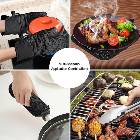 Qimh Oven Mitts and Pot Holders, 4 Pcs Kitchen Oven Mitts Set with Cooking Tongs, High Heat Resistant 500? Extra Long Non-Slip Silicone Surface Ov...