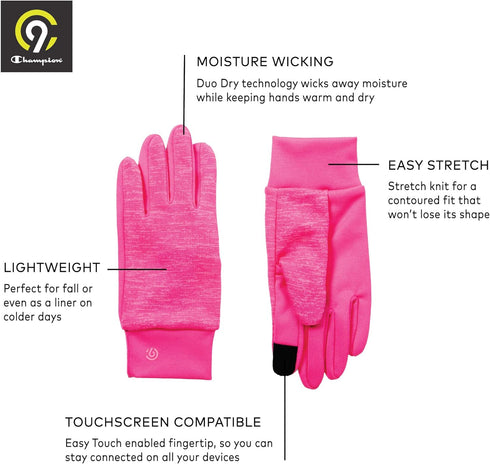 C9 Champion Kids' Machine Washable Lightweight Gloves, Touch Screen Friendly, Pink, Girls' 8/16...