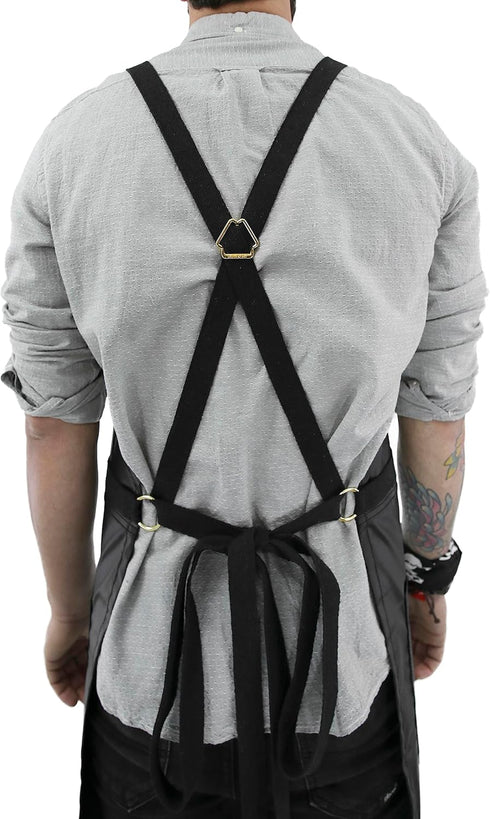 Under NY Sky Cross-Back Black Apron – Golden Hardware, Coated Twill, Leather Reinforcement, Split-Leg – Adjustable for Men, Women, Pro Barber, Tat...
