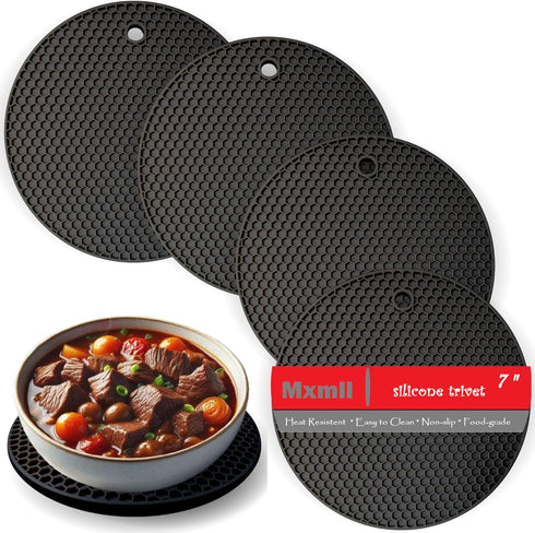 Mxmll 4pk 7 Inch Round Heat Resistant Silicone Trivets Fot Hot Dishes Protect Table Counter Top from Hot Pots and Pans with This Sleek and Stylish...